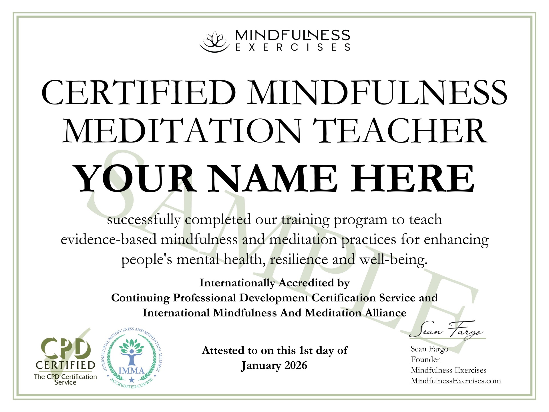 Certified Mindfulness Meditation Teacher (CMMT) Certificate - Internationally Accredited