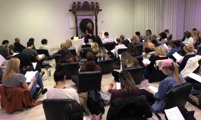 professional mindfulness teacher leading large workshop