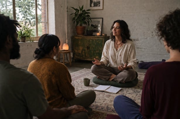 Meditation teacher guiding a group in a relaxed real-world setting