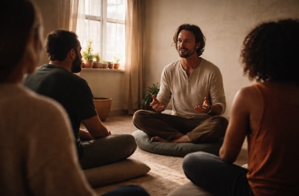Meditation teacher leading a small group session in a calm indoor setting