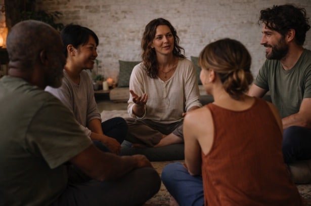 Mindfulness group sitting in a circle sharing experiences and reflections