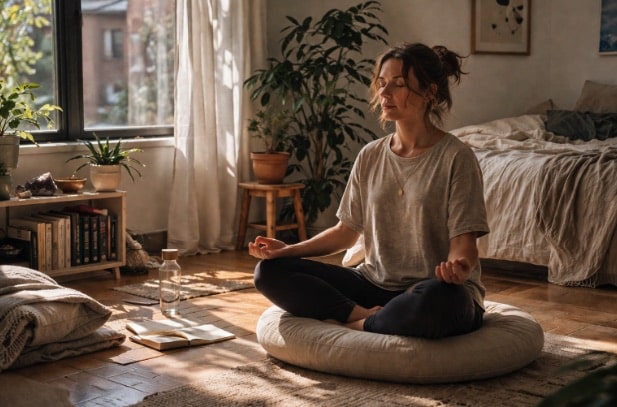 Person practicing meditation alone in a calm indoor environment