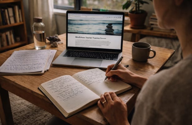 How to Become a Meditation Teacher: Step-by-step Guide — Person Studying Meditation Training Materials At Home With Laptop And Notes
