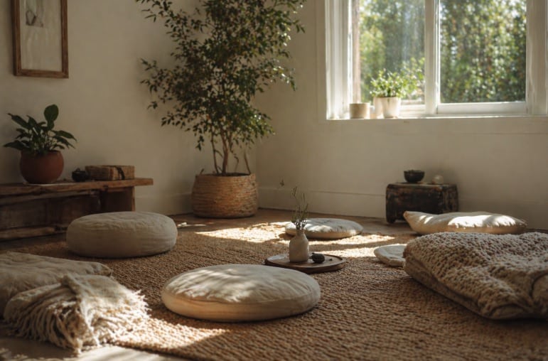 calm meditation space with cushions and soft natural lighting How to Lead a Guided Meditation: Tips, FAQs, and More ā Calm Meditation Space With Cushions And Soft Natural Lighting