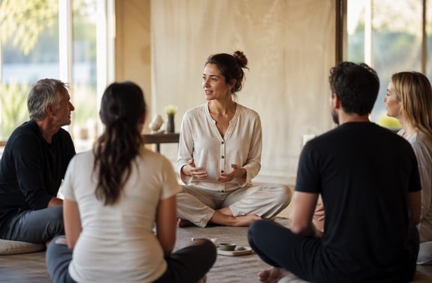 mindfulness teacher guiding a group session in a calm indoor setting