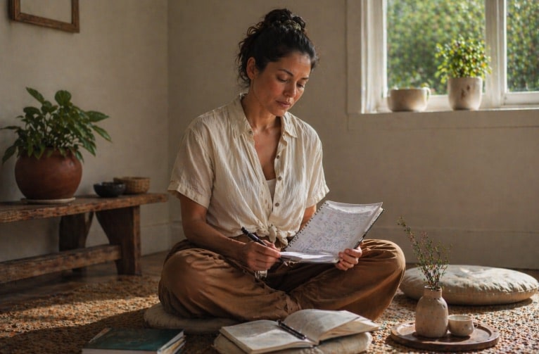 person learning how to guide meditation using notes in a calm setting person learning how to guide meditation using notes in a calm setting
