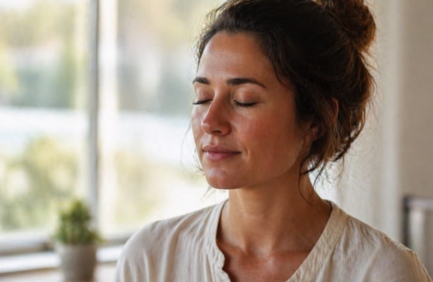 person practicing mindful breathing with eyes closed